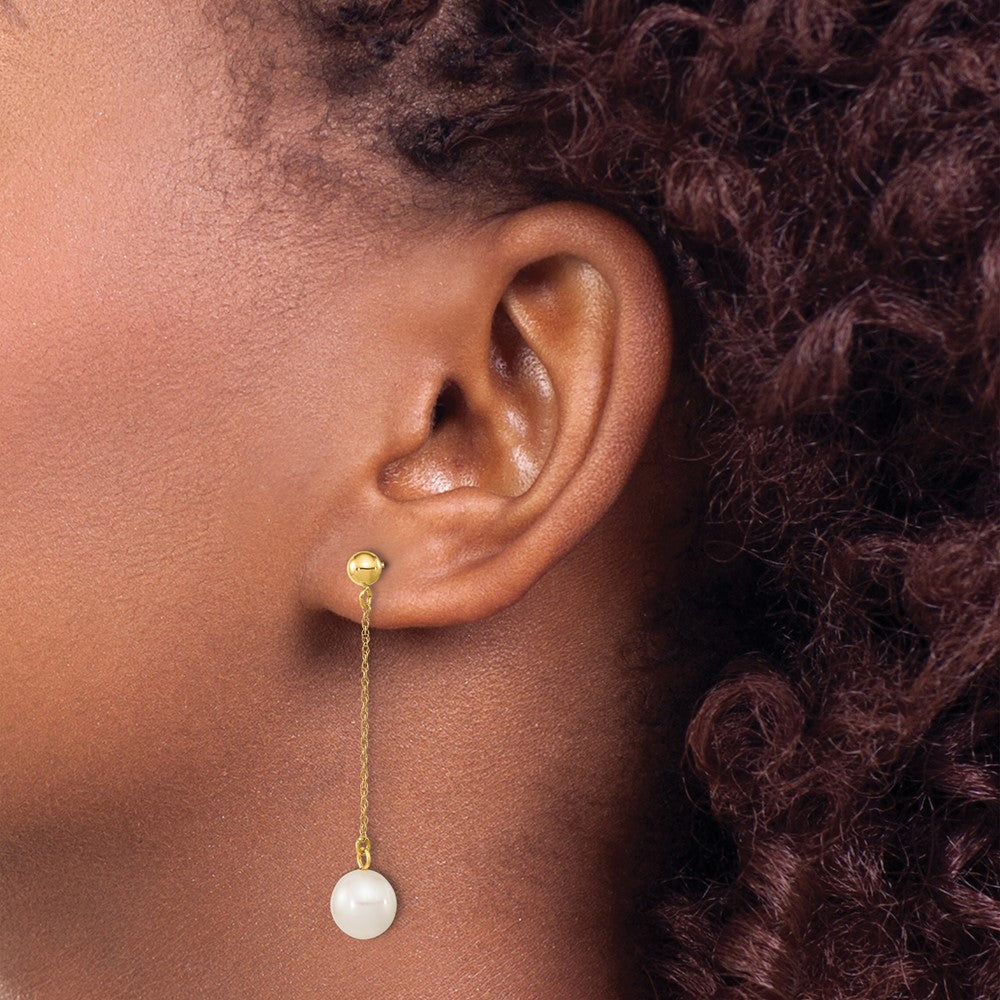 10k 7-8mm White Round Freshwater Cultured Pearl Chain Dangle Post Earrings