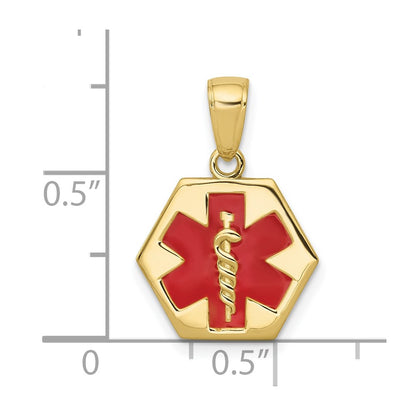 10K Red Enameled Medical Symbol 14x15mm Hexagon Disc Pendant