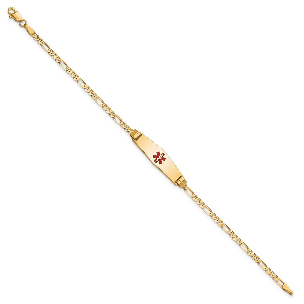 10k Medical Solid Chain/Solid Plate 24x7mm Soft Diamond Shape Centered Red Enamel Figaro Link 8 inch ID Bracelet