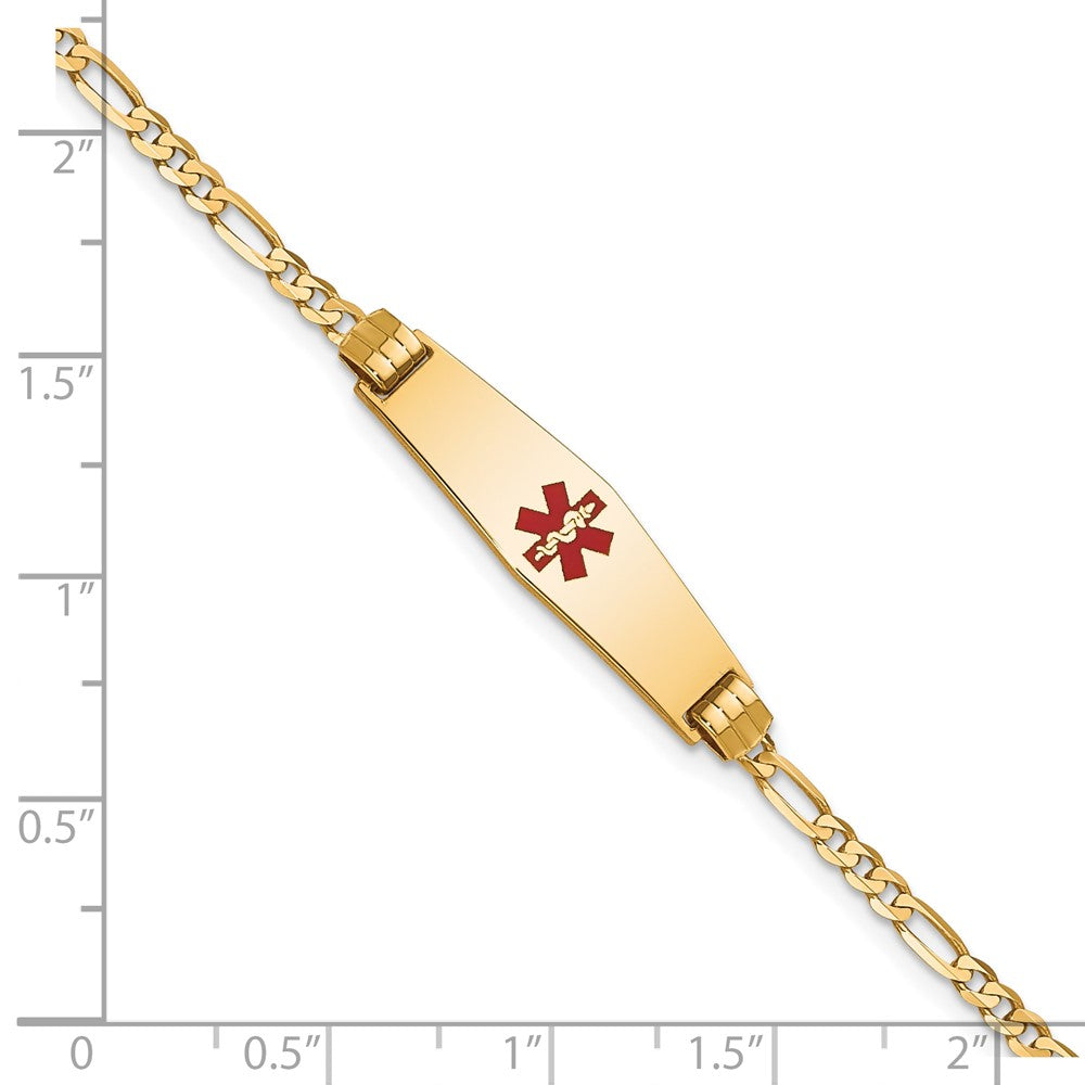 10k Medical Solid Chain/Solid Plate 24x7mm Soft Diamond Shape Centered Red Enamel Figaro Link 7 inch ID Bracelet