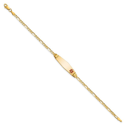 10k Medical Solid Chain/Solid Plate 26x7mm Soft Diamond Shape Off-Center Red Enamel Figaro Link 8 inch ID Bracelet