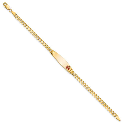 10k Medical Solid Chain/Solid Plate 26x7mm Soft Diamond Shape Off-Center Red Enamel Curb Link 8 inch ID Bracelet