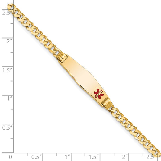 10k Medical Solid Chain/Solid Plate 26x7mm Soft Diamond Shape Off-Center Red Enamel Curb Link 7 inch ID Bracelet