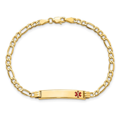 10k Medical Semi-Solid Chain/Solid Plate 26x5mm Off-Center Red Enamel Figaro Link 7 inch ID Bracelet