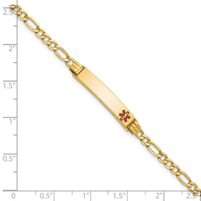 10k Medical Semi-Solid Chain/Solid Plate 26x5mm Off-Center Red Enamel Figaro Link 7 inch ID Bracelet