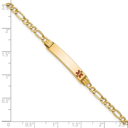 10k Medical Semi-Solid Chain/Solid Plate 26x5mm Off-Center Red Enamel Figaro Link 7 inch ID Bracelet