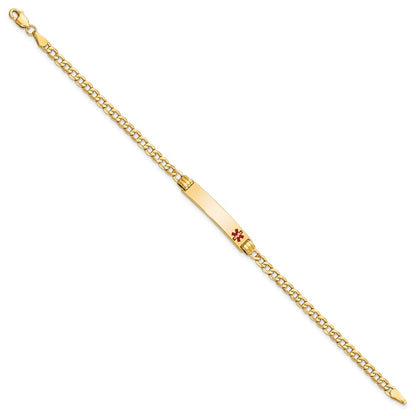 10k Medical Semi-Solid Chain/Solid Plate 26x5mm Off-Center Red Enamel Cuban Link 7 inch ID Bracelet
