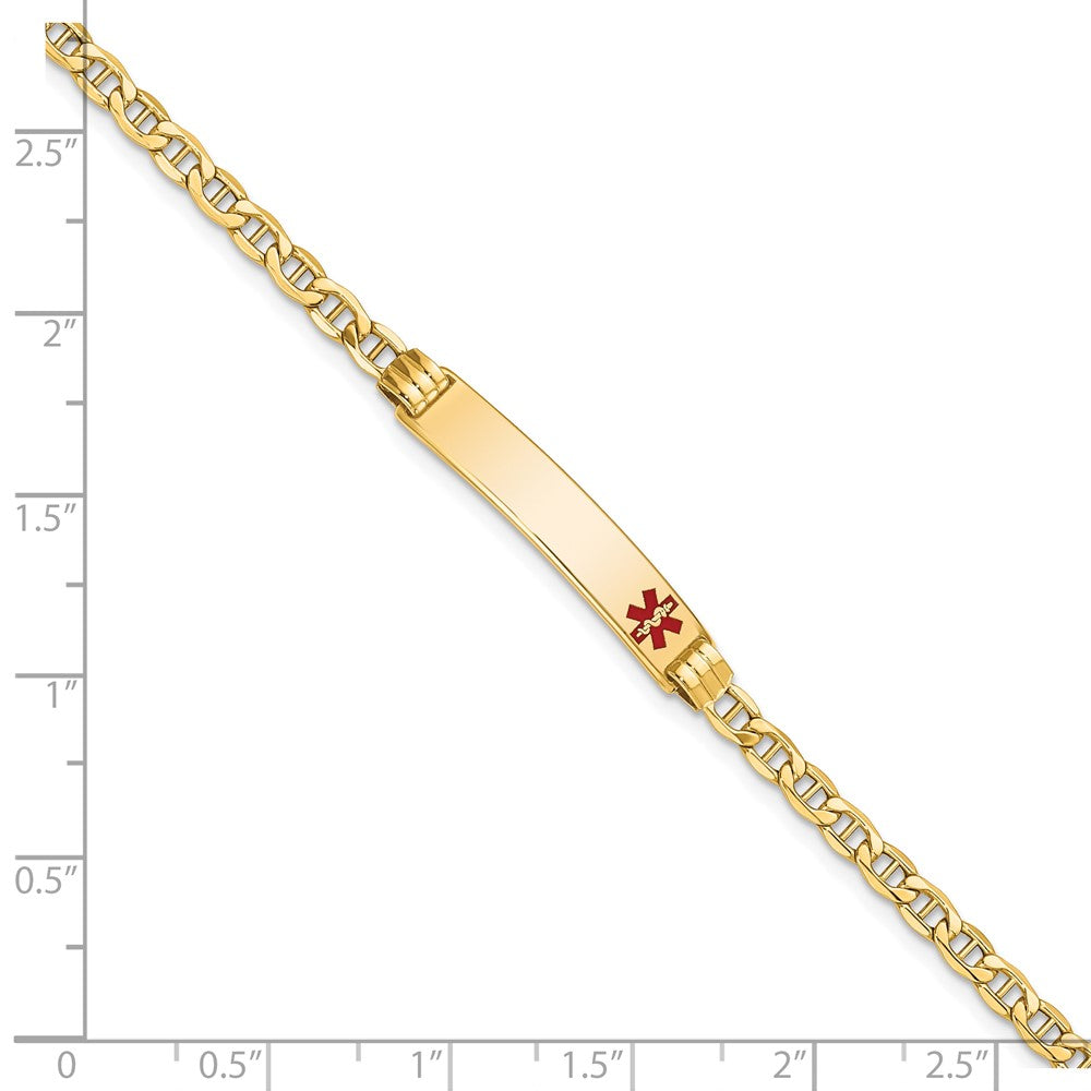 10k Medical Semi-Solid Chain/Solid Plate 26x5mm Off-Center Red Enamel Anchor Link 7 inch ID Bracelet
