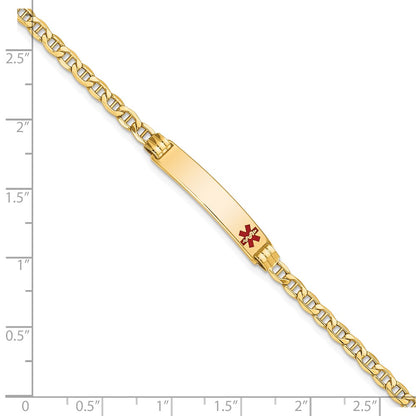 10k Medical Semi-Solid Chain/Solid Plate 26x5mm Off-Center Red Enamel Anchor Link 7 inch ID Bracelet