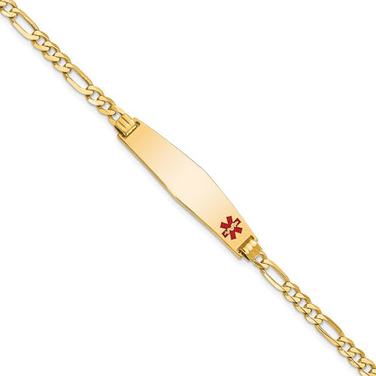 10k Medical Solid Chain/Solid Plate Soft Diamond Shape 33x8mm Off-Center Red Enamel Flat Figaro Link 7 inch ID Bracelet