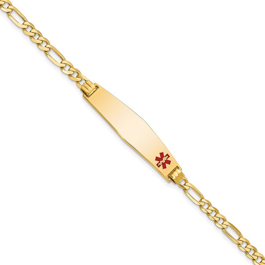 10k Medical Solid Chain/Solid Plate Soft Diamond Shape 33x8mm Off-Center Red Enamel Flat Figaro Link 7 inch ID Bracelet
