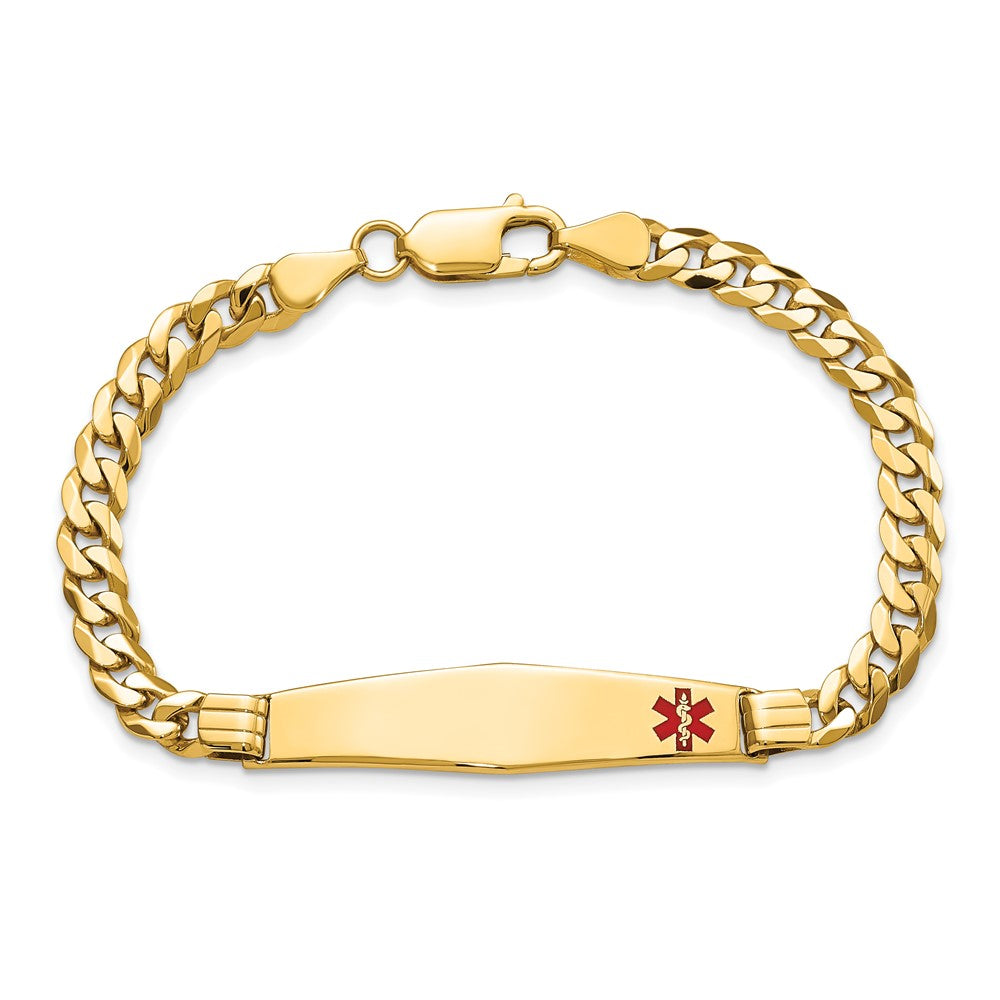 10k Medical Solid Chain/Solid Plate Soft Diamond Shape 36x9mm Off-Center Red Enamel Curb Link 8 inch ID Bracelet