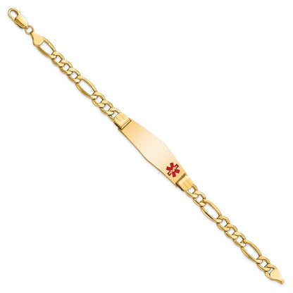 10k Medical Semi-Solid Chain/Solid Plate Soft Diamond Shape 40x12mm Off-Center Red Enamel Figaro Link 8 inch ID Bracelet