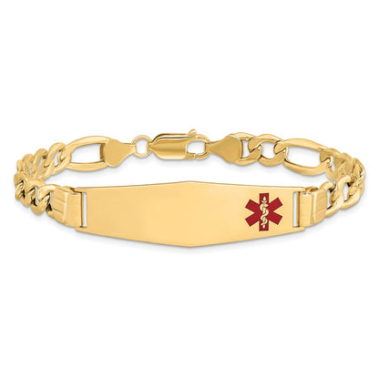 10k Medical Semi-Solid Chain/Solid Plate Soft Diamond Shape 40x12mm Off-Center Red Enamel Figaro Link 8 inch ID Bracelet