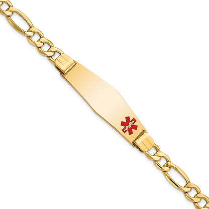 10k Medical Semi-Solid Chain/Solid Plate Soft Diamond Shape 40x12mm Off-Center Red Enamel Figaro Link 8 inch ID Bracelet