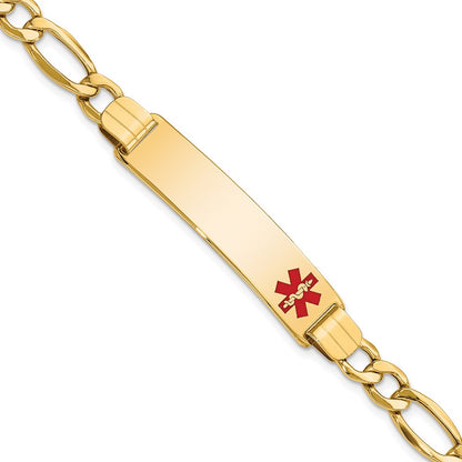 10k Medical Semi-solid Chain/Solid Plate 40x10mm Off-Center Red Enamel Figaro Link 8 inch ID Bracelet