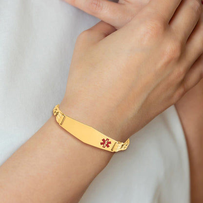 10k Medical Semi-Solid Chain/Solid Plate Soft Diamond Shape 40x12mm Off-Center Red Enamel Curb Link 8 inch ID Bracelet