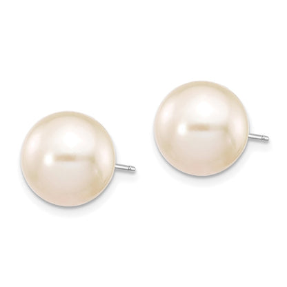 10k White Gold 10-11mm White Round Freshwater Cultured Pearl Stud Post Earrings