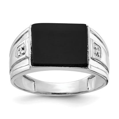 IB Goodman 10k White Gold Mens 12x10 Cushion Onyx and Diamond Ring