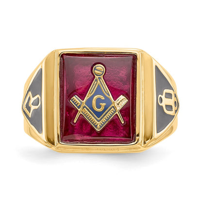 IB Goodman 10k Mens Polished and Textured with Black Enamel and Lab Created Ruby Masonic Ring