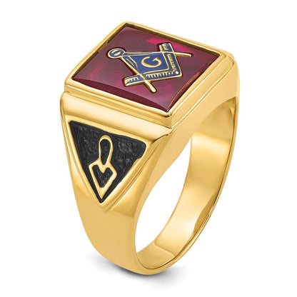IB Goodman 10k Mens Polished and Textured with Black Enamel and Lab Created Ruby Masonic Ring