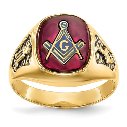 IB Goodman 10k Mens Polished and Textured with Black Enamel and Lab Created Ruby Masonic Ring
