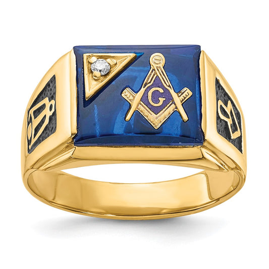10k Men's Polished and Textured with Black Enamel, Imitation Blue Spinel and AA Quality Diamond Masonic Ring