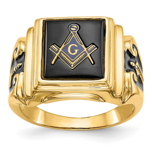 IB Goodman 10k Mens Polished and Textured with Black Enamel and Onyx Masonic Ring