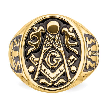 IB Goodman 10k Mens Polished and Grooved with Black Enamel Masonic Ring