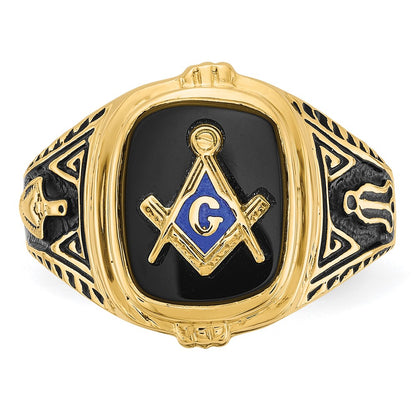 IB Goodman 10k Mens Polished/Antiqued and Textured with Onyx Masonic Ring