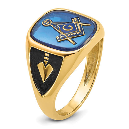 IB Goodman 10k Mens Polished/Antiqued and Textured with Imitation Blue Spinel Masonic Ring