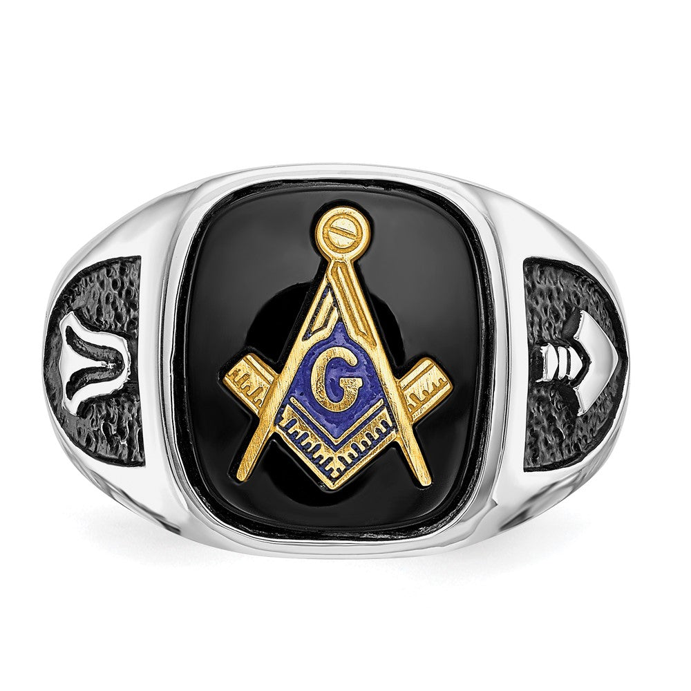 IB Goodman 10k White Gold and Gold-plated Mens Polished and Textured with Black Enamel and Onyx Masonic Ring