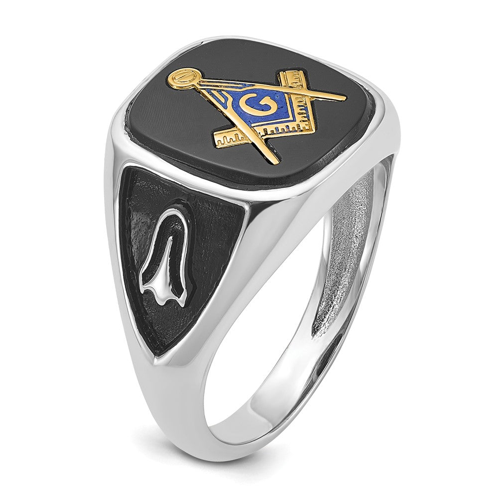 IB Goodman 10k White Gold and Gold-plated Mens Polished and Textured with Black Enamel and Onyx Masonic Ring