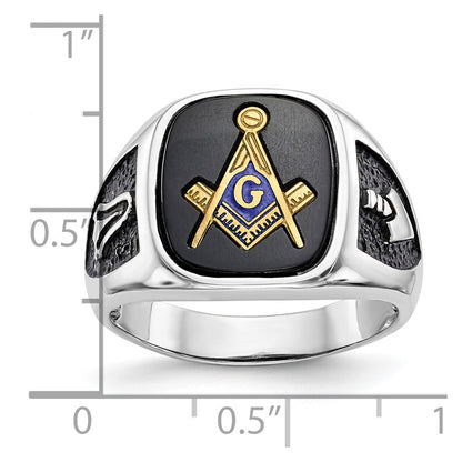 IB Goodman 10k White Gold and Gold-plated Mens Polished and Textured with Black Enamel and Onyx Masonic Ring