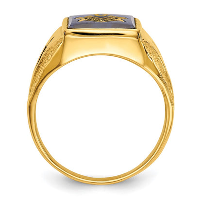 IB Goodman 10k Mens Polished/Antiqued and Textured with Imitation Blue Spinel Masonic Ring