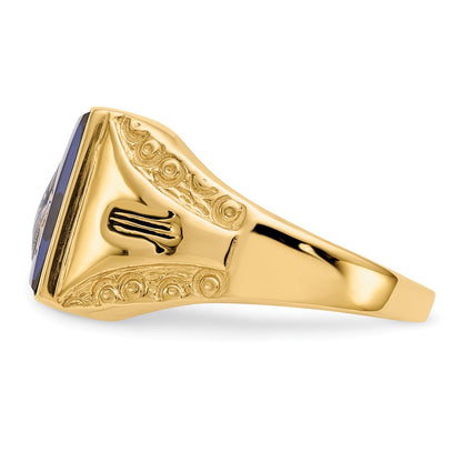 IB Goodman 10k Mens Polished/Antiqued and Textured with Imitation Blue Spinel Masonic Ring