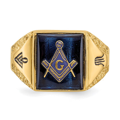 IB Goodman 10k Mens Polished/Antiqued and Textured with Imitation Blue Spinel Masonic Ring