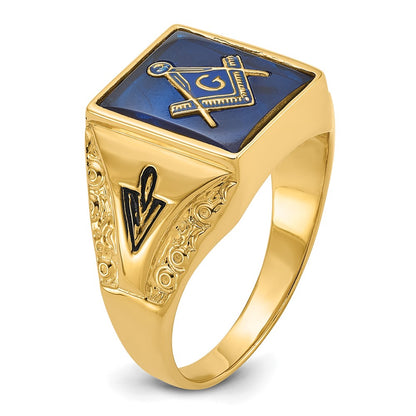 IB Goodman 10k Mens Polished/Antiqued and Textured with Imitation Blue Spinel Masonic Ring