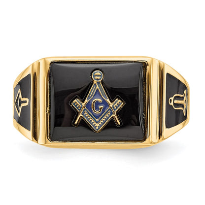 IB Goodman 10k Mens Polished and Textured with Black Enamel and Onyx Rectangle Masonic Ring
