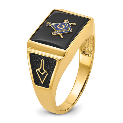 IB Goodman 10k Mens Polished and Textured with Black Enamel and Onyx Rectangle Masonic Ring