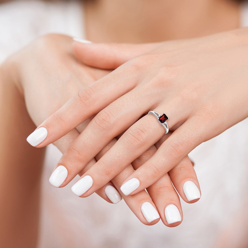 10K White Gold 6x4mm Emerald-cut Garnet and AA Diamond Ring