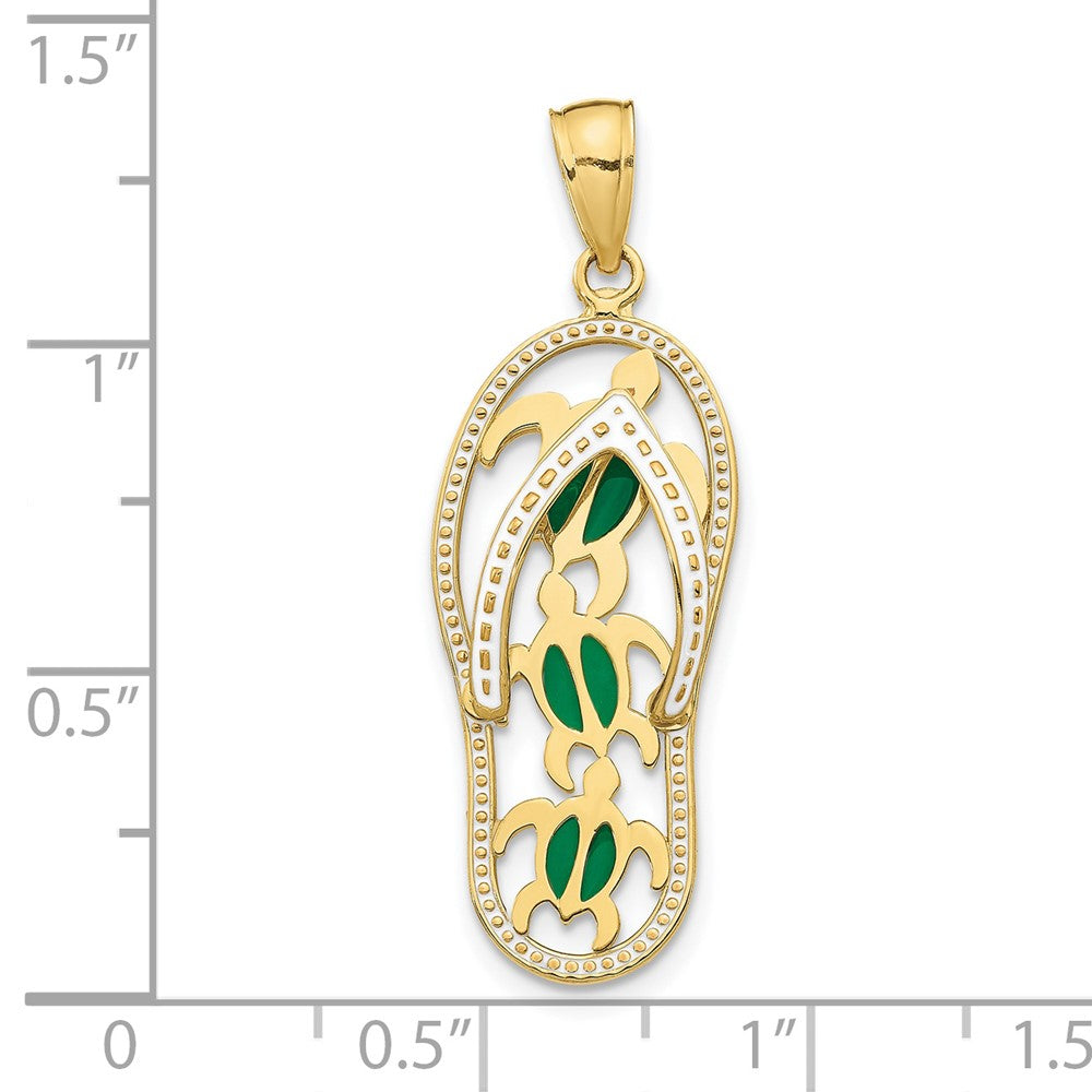 10K and Green Enamel Cut-out Flip-Flop with Sea Turtles Pendant