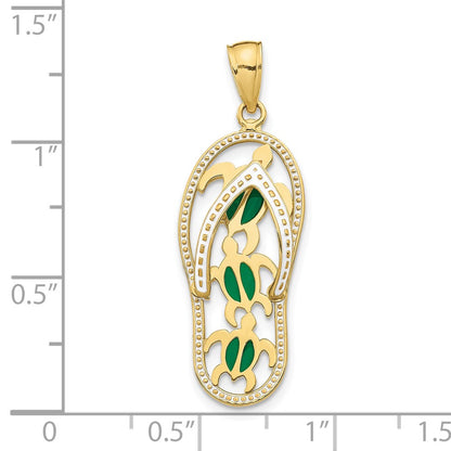 10K and Green Enamel Cut-out Flip-Flop with Sea Turtles Pendant