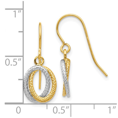 10k Two-tone Textured Fancy Dangle Shepherd Hook Earrings