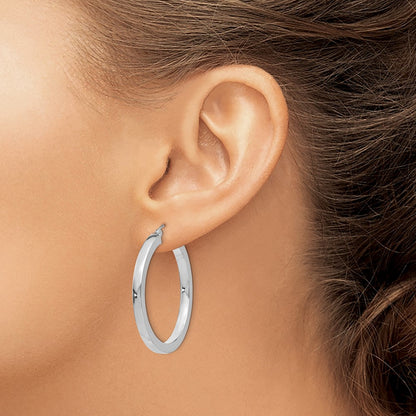 10k White Gold 3mm Polished Square Tube Hoop Earrings