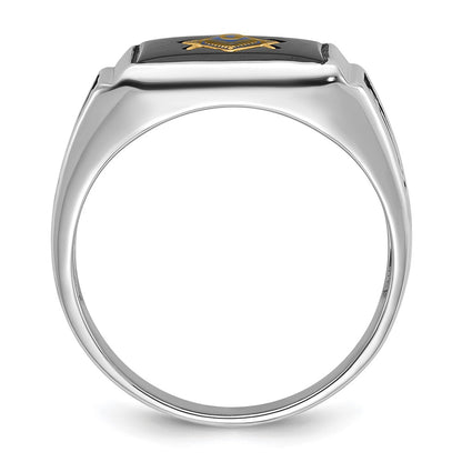 IB Goodman 10k White Gold Mens Polished and Textured with Black Enamel and Onyx Rectangle Masonic Ring