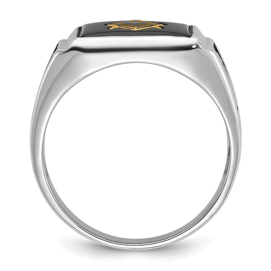 IB Goodman 10k White Gold Mens Polished and Textured with Black Enamel and Onyx Rectangle Masonic Ring