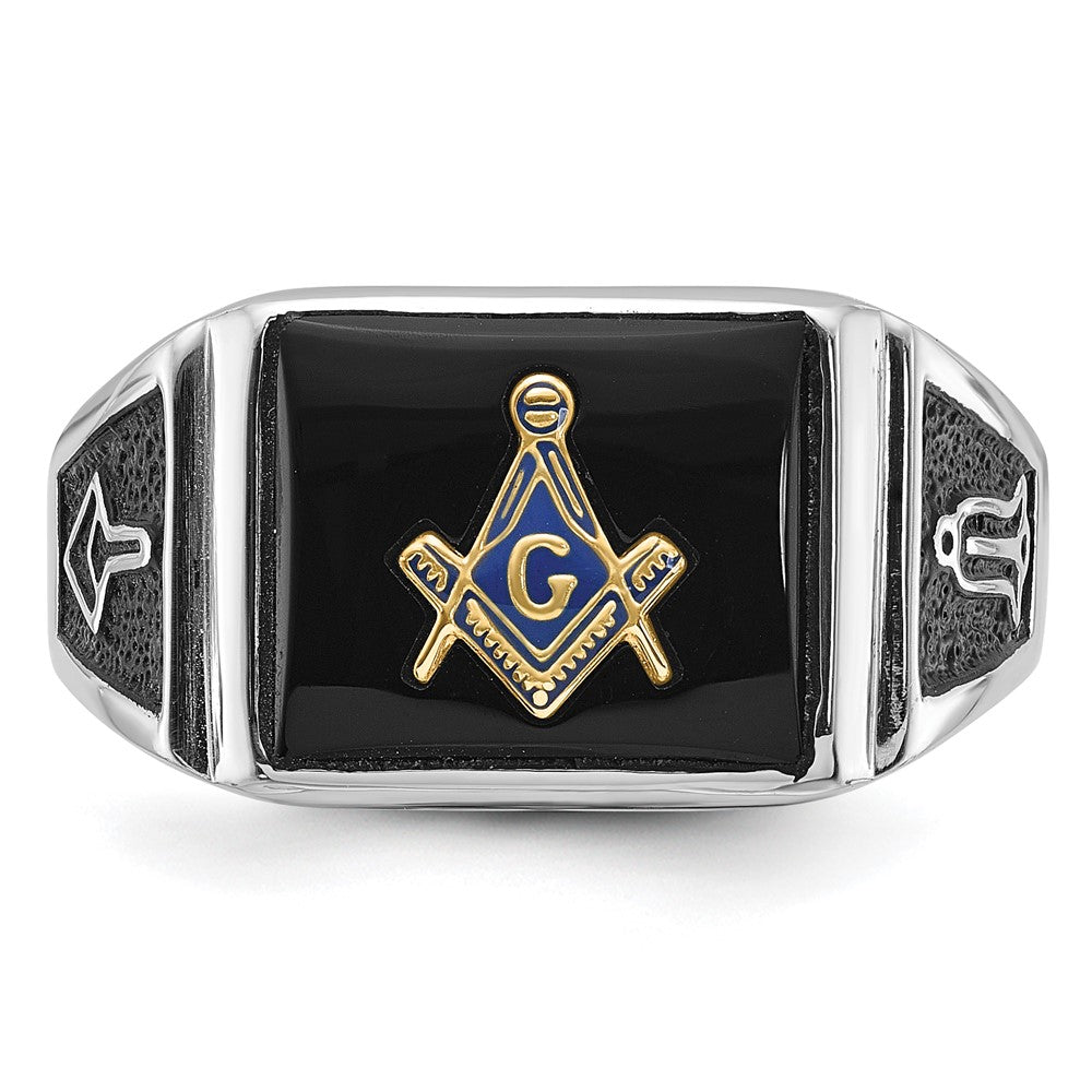 IB Goodman 10k White Gold Mens Polished and Textured with Black Enamel and Onyx Rectangle Masonic Ring