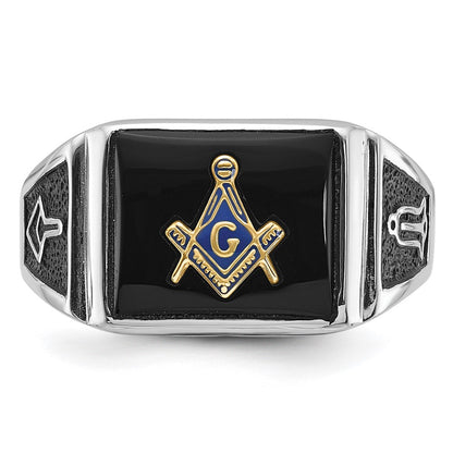 IB Goodman 10k White Gold Mens Polished and Textured with Black Enamel and Onyx Rectangle Masonic Ring