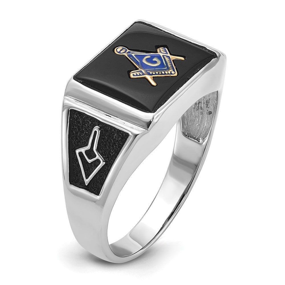 IB Goodman 10k White Gold Mens Polished and Textured with Black Enamel and Onyx Rectangle Masonic Ring